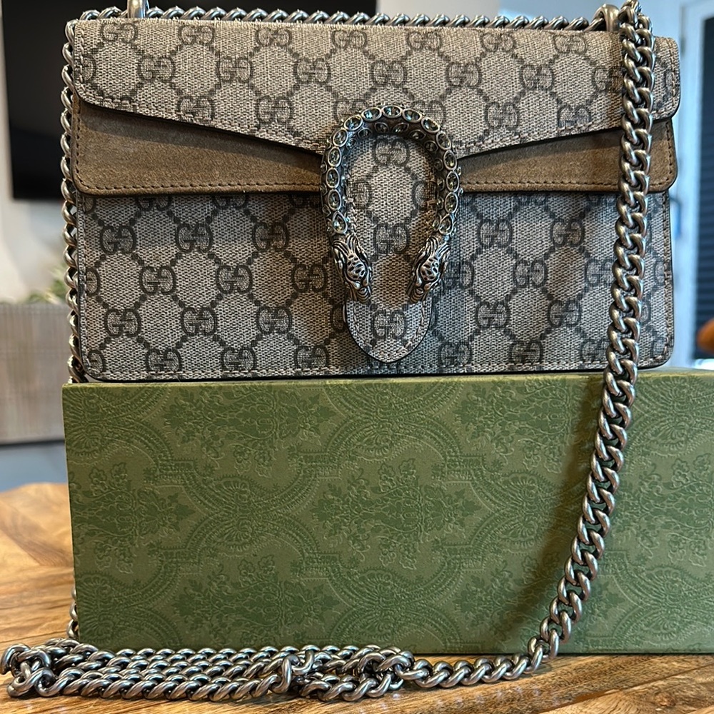Gucci Taupe Crossbody Bag with Monogram Pattern and Chain Strap